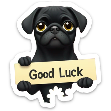 Black pug , surrounded by flowers, holding a green sign that says “good luck”  sticker