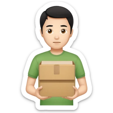 black haired asian man green shirt holding cardboard box sticker