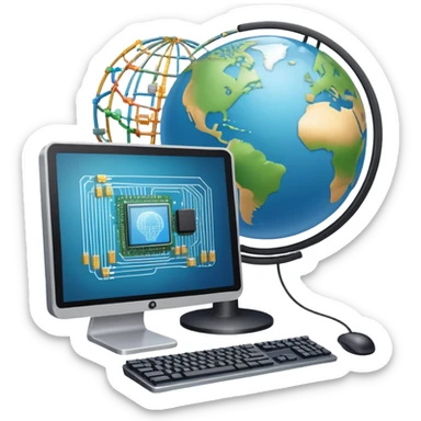 An icon featuring a computer monitor displaying code, a globe with network nodes, and a circuit board, symbolizing IT. The design includes data streams, cloud storage, and a keyboard, representing digital innovation, connectivity, and problem-solving. Transparent background sticker
