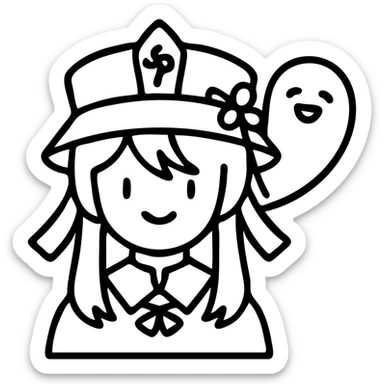 icon of a character with a dark hat, red ribbon, ghost companion, inspired by Hu Tao from Genshin Impact, modern icon style sticker