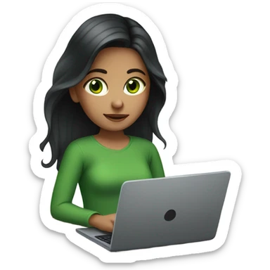 Girl with long dark hair, green eyes and laptop sticker