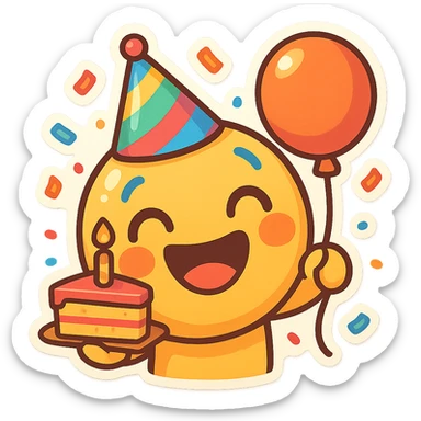 cheerful birthday emoji with big smiling face, colorful party hat, holding slice of cake in one hand and balloon in the other, confetti falling in background, bright festive colors, vibrant cartoon style sticker