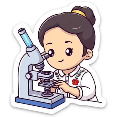 Ukrainian girl with dark hair in traditional embroidered shirt holding a microscope sticker
