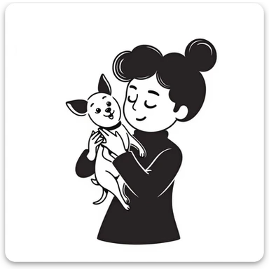 white girl with curly brown hair holding a chihuahua puppy sticker