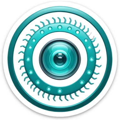 Emoji-style icon showing a virus or germ being scanned by an AI vision frame or camera lens, representing image-based disease detection. Clean, modern, rounded emoji design, clear at small sizes, teal and white accents, no text, transparent background. sticker