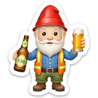 Garden gnome wearing construction clothes holding a bottle of beer and a can of beer  sticker