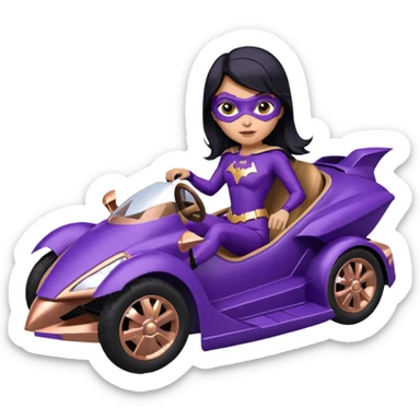 Hot full size real-appearance racing action BatGirl’s Lego feminine midnight-purple tight outfit sixty’s tv show 1992 stealthy retro sporty petite off-road pursuit hovering hover cruiser car rose gold accents (black hair,reclined and relaxed seating position) go kart sticker