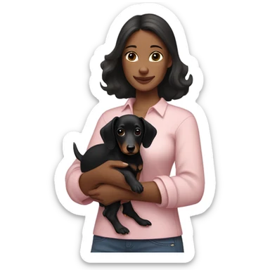 a brunette woman in a light pink shirt, with white skin, holding black dachshund puppy in her arms sticker