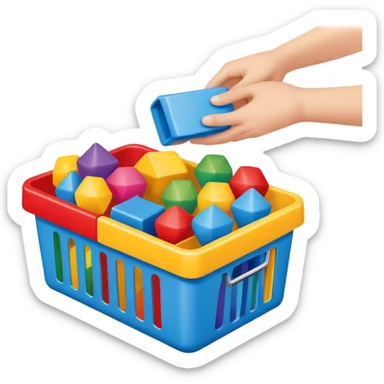 hands placing colorful toys into a storage bin, simple and friendly sticker