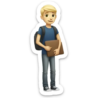 A tall blonde male teenager, 17 years old, holding a laptop bag sticker