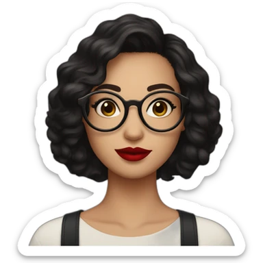 face of a 25 year old woman with short dark hair, red lipstick, eyeliner, and square but kinda rounded glasses sticker