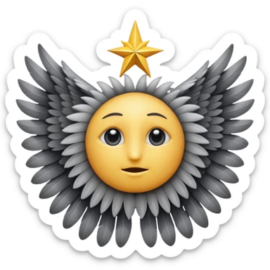 A round emoji with a single central eye, completely covered in six layers of gray feathered wings forming a star-like shape, mystical and divine expression, iOS emoji style sticker