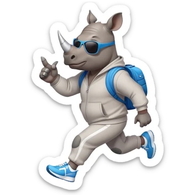 friendly anthropomorphised rhino jogging upright, wearing a sporty tracksuit and sneakers, dark sunglasses, standard pose sticker