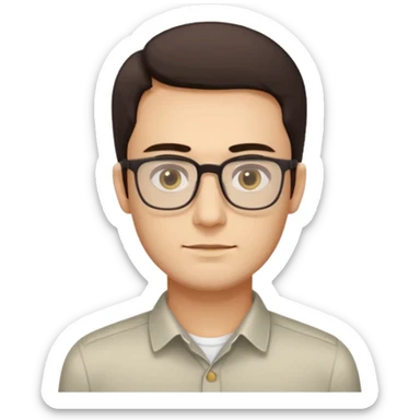 a young man around 30 years old, dark brown eyes, with dark brown hair, longer rectangular face, light yellow skin color, small eyes with rectangle shape glasses, without beard, no forehead wrinkles, wear shirt sticker