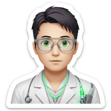 Cyberpunk scientist, Japanese male, high-tech glasses, glowing data reflection on lenses, lab coat collar, neural interface on temple, white neon lighting sticker