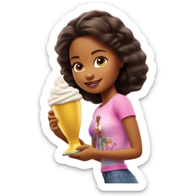 Chica pelo liso vestida de patinadora ( de la pelicula de Barbie del 2023), bebiendo chupitos o en su defecto una copa sticker