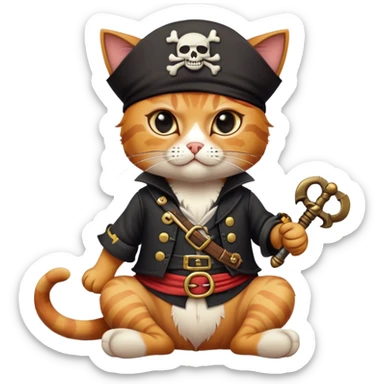 cat full body sitting with a pirate character wearing an eye patch sticker