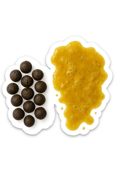 feci di animale a palline viste dall'alto e feci di animale liquide e gialline viste dall'alto, iperrealistico 4k sticker