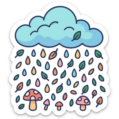 cloud raining tiny leaves and mushrooms, whimsical rain, pastel tones, vibrant toon style sticker