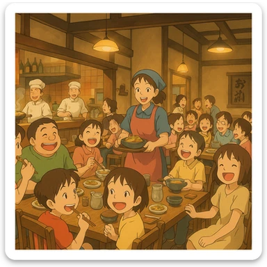 bustling anime restaurant scene with many cheerful customers, dynamic composition, Studio Ghibli style sticker