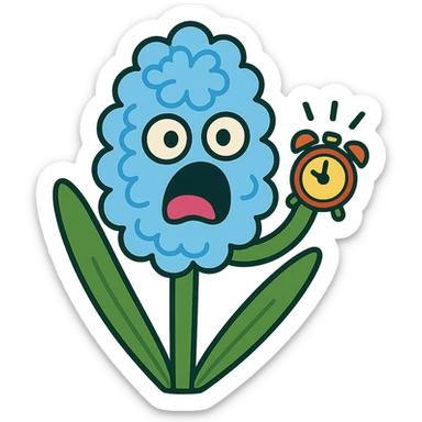pastel blue hyacinth flower with alarmed eyes and a screaming mouth, waving a tiny alarm clock, fluffy and round, vibrant toon style sticker