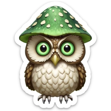 poisonous mushroom owl creature portrait, head and shoulders only, large beast-like owl eyes, mushroom cap feathers, glowing green spores, mystical forest monster, 3D cartoon, mobile game icon style, clean background, no text, no watermark

 sticker