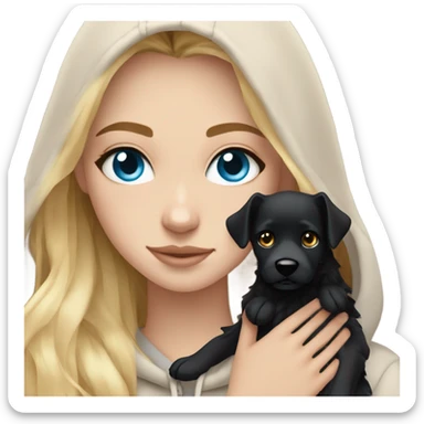 White girl blue eyes Blonde balayage long hair beige hoodie hugging black dog sticker