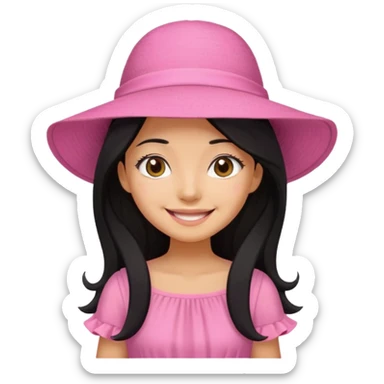 Girl in pink dress and sunhat smiling, black 2 string dress, blakc hair sticker