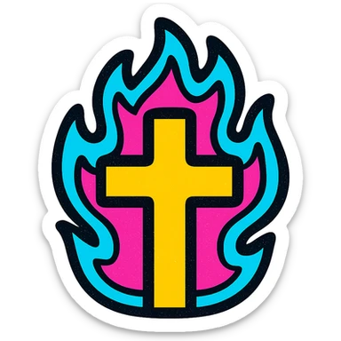 small cross with flames, glowing energetic emoji style sticker