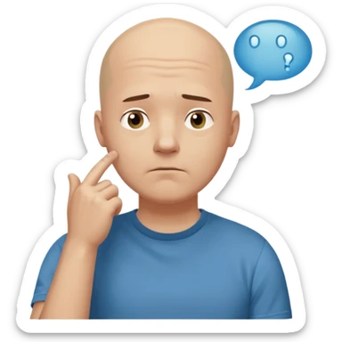 bald man with t-shirt, doubting face but not sad, hand on chin looking up, thought bubble sticker