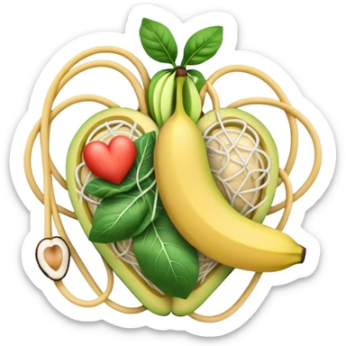 Banana, avocado, potato, spinach, coconut, white beans, and melon surrounding a glowing heart and nervous system network. Gentle electrical waves flow from the foods to the organs and muscles, illustrating how potassium maintains fluid balance and electrical stability throughout the body. sticker