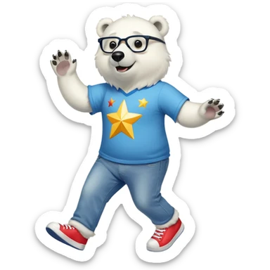 friendly anthropomorphised polar bear walking energetically, excited expression, wearing shirt, jeans, trainers, large multicolored star-shaped glasses sticker