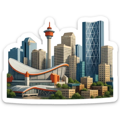 Remove the sky background from the Calgary emoji, keeping everything else exactly the same: the skyline with the Calgary Tower, Saddledome, Bow Building, lifelike detail, accurate colors, bright lighting, wide city view, and a fully transparent background. sticker