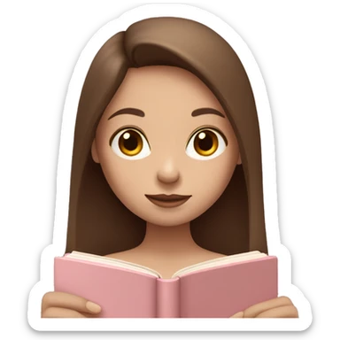 girl with fair skin and long brown hair holding a closed pale pink book sticker