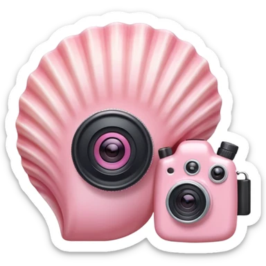 A cute seashell emoji with a tiny camera next to it, symbolizing capturing beach memories. Playful, modern emoji style, soft pastel colors, white background. sticker
