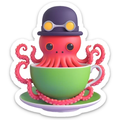 cybernetic octopus wearing a teacup as a hat sticker