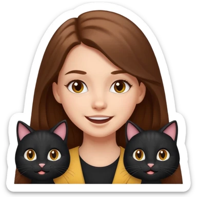 white girl with long brown hair, happy and cute, with two black cats, emoji style sticker