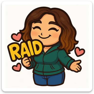 Sticker style chibi emote, matching the attached green heart emote as a base, but with a slightly skinnier body and a bigger chest. Woman from reference, teal hoodie and blue jeans, holding a large, bubbly 'RAID' sign with hearts, cute excited face, no headband, no wand, no green heart, transparent background. Top color should not match jeans. sticker