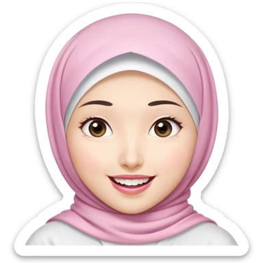 an Asian white woman hijab, her hijab color are white, her face is small, her lips are pink, her eyes are shining, her face looks happy showing her teeth, her eyes are also smiling sticker