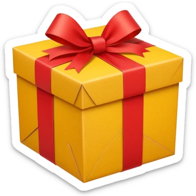 box with yellow wrapping paper and a length of red ribbon surrounding it on the bottom of the ground so you can see most of the box's cardboard sticker