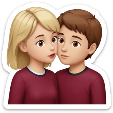 kiss-kiss boy and girl brown eyes, boy bown hair and girl blond hair cloth burgundy color sticker