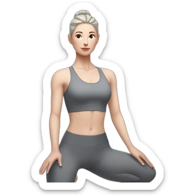 Pale skinned fit woman In a gray tight yoga suit and wristbands With black hair in a bun doing yoga sticker