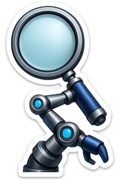Add a robotic arm holding the magnifying glass, keep metallic textures and glowing blue accents, in emoji style with no background. The style should resemble apple style emojis with a clean and polished look, focusing on metallic and glowing blue details. sticker
