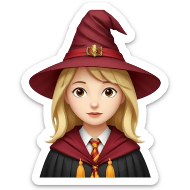 A young woman wearing a classic witch’s hat, red tie, and wizarding robes. This outfit suggests she's a student from Gryffindor House (from the Harry Potter universe), as the red tie is a signature detail of that house's uniform. sticker