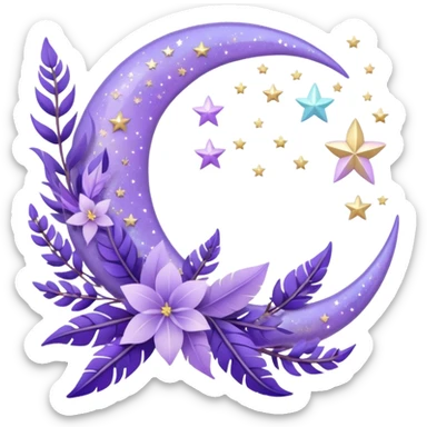 Beautiful poetic aesthetic sparkly glittery shiny pretty floating pastel lilac lavender Violet crescent-moon and flowers and leaves and feathers and sparkles and stars aesthetic deco sticker