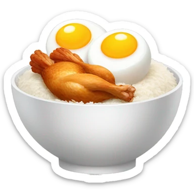 a bowl of rice with two eggs and two chicken drumstick on top sticker