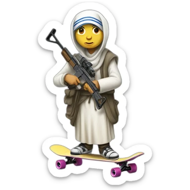Mother Theresa skateboarder with Kalashnikov sticker