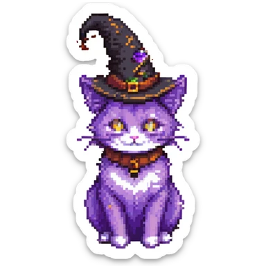 cute pixel art cat with purple fur and a witch hat sticker