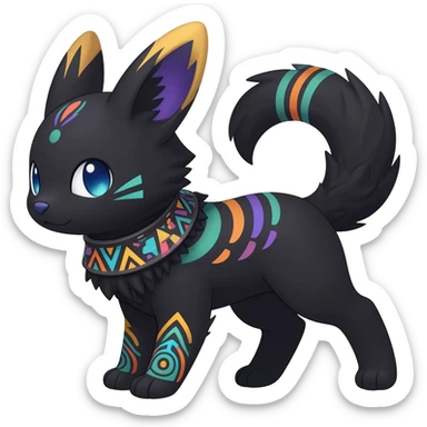 Rare charcoal-black exotic cute epic aesthetic gothic colorful Salandit-Eevee-Civet-species-Fakemon-hybrid-creature, with a collar, and with intricate colorful tribal markings, full body sticker