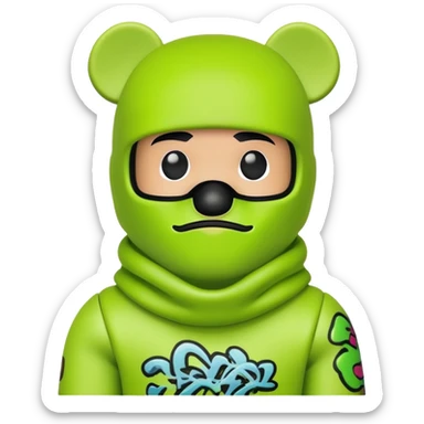 bearbrick toy wearing a lime green balaclava with graffiti design and chill relaxed thick eyebrows showing above sticker